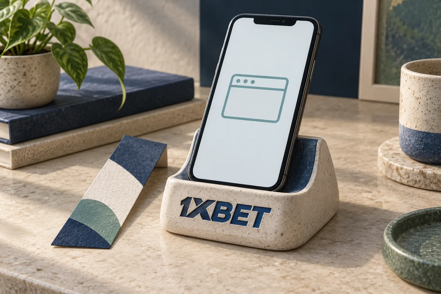 براؤزر کی علامت والے iPhone نما فون کے ساتھ تہہ شدہ بک مارک ہے؛ سیرامک سہارے پر 1XBET کندہ ہے۔